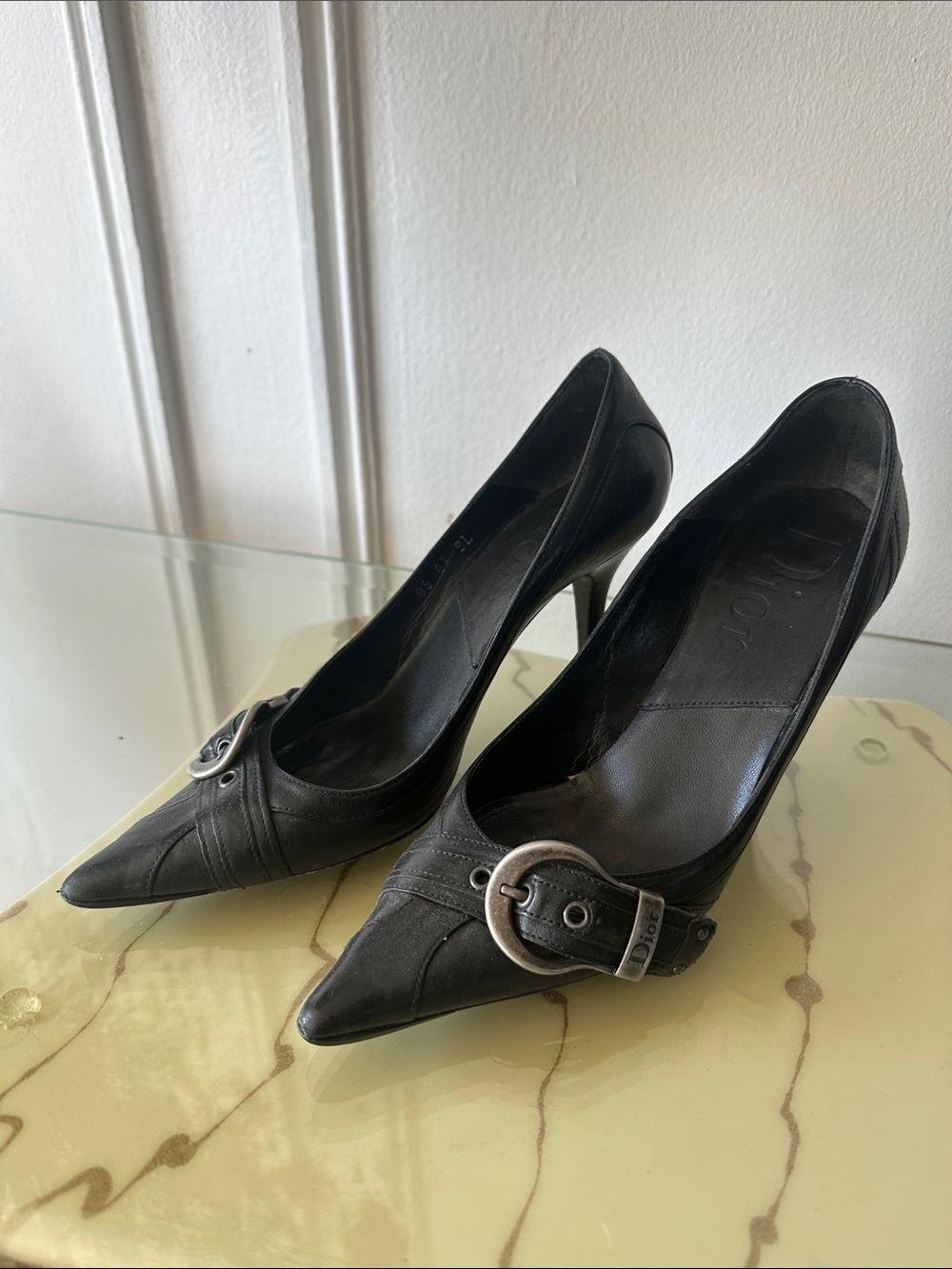 Dior Black Leather Pointed Pumps with Silver Buckle